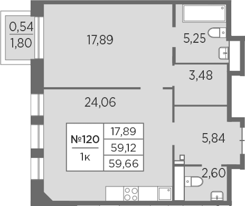 1-комнатная квартира 59.66 м², 7/8 эт., ЖК «Северная Корона»